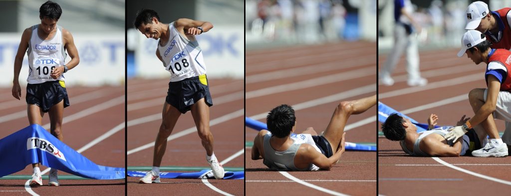 Combo picture shows Ecuador's Jefferson Perez collapsing after crossing the finish line during the mens 20km walk at the 11th IAAF World Athletics Championships in Osaka, 26 August 2007. Ecuador's Jefferson Perez won ahead of Tunisia's Hatem Ghoula and Mexico's Eder Sanchez. AFP PHOTO / ERIC FEFERBERG